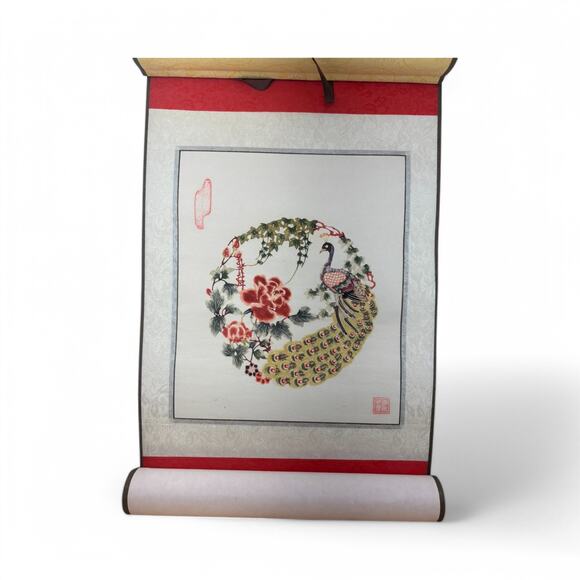 Chinese Paper Cut Silk Scroll with Peacock and Peony – Vintage Wall Art in Box - Picture 15 of 16